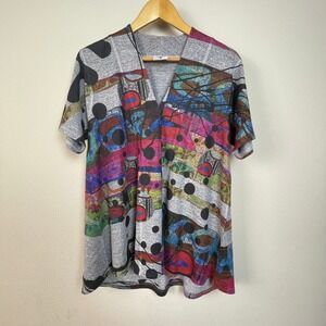 Inoah Art to‎ Wear Womens Multicolor Abstract Print Short Sleeve Top Size L